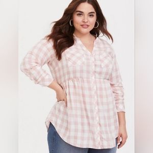 Torrid Womens 1X Pink/White Plaid Emma Babydoll Twill Button-Front Tunic Top